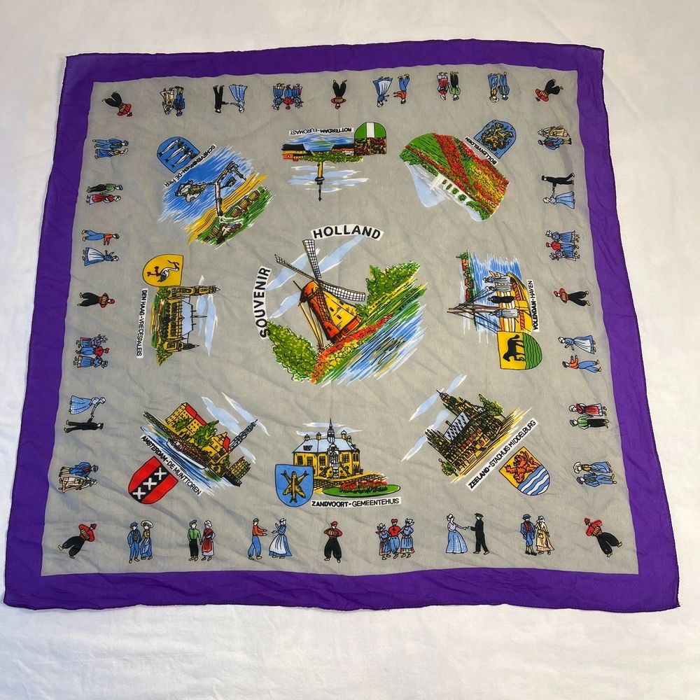 Vintage Holland Souvenir cities landmarks silk scarf, 29" square scarf